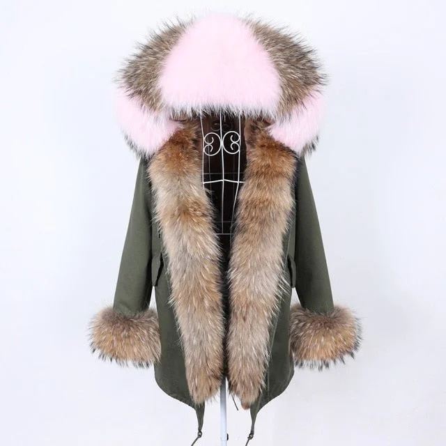 Warm Winter Style Natural Fox Fur Collar Army Green Coat Jacket for Women