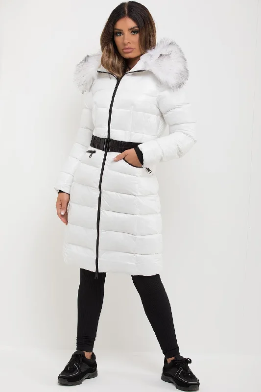 White Long Puffer Padded Jacket With Faux Fur Hood & Belt