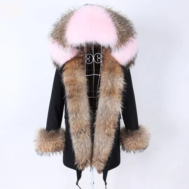 Women's Black Color Real Fur Long Winter Coat Jacket with Fur Collar