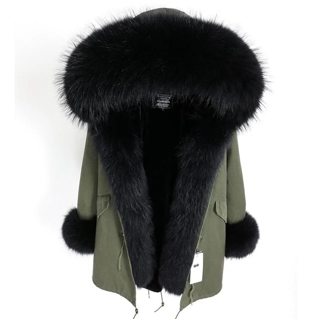 Women's Black Natural Fox Fur Collar Solid Color Coat Jacket for Winter