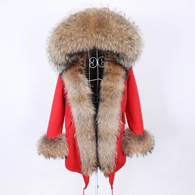 Women's Red Color Natural Racoon Fur Collared Coat Parka Jacket for Winter