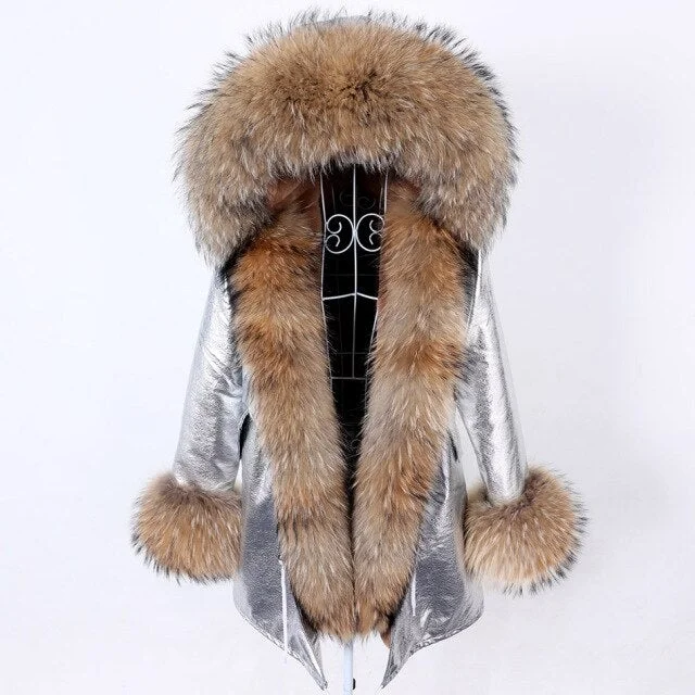 Women's Silver Color Natural Racoon Fur Collared Coat Jacket for Winter