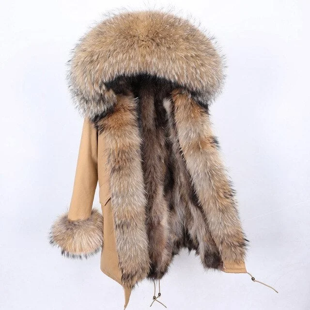 Women's Thick Warm Natural Raccoon Fur Collar Hood and Sleeves Jacket