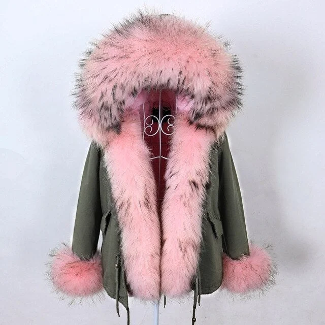 Women's Winter Fashion Natural Racoon Fur Decor in Sleeves and Collar Parkas