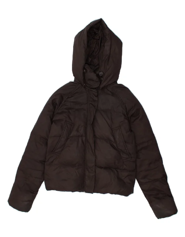 BENETTON Womens Crop Hooded Padded Jacket UK 14 Medium Brown Nylon