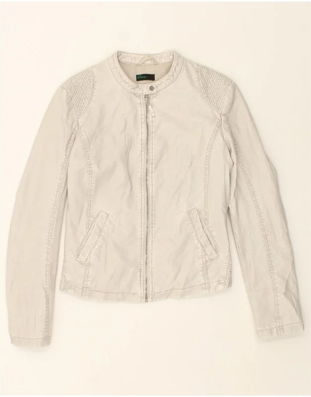 BENETTON Womens Crop Leather Jacket UK 10 Small Grey