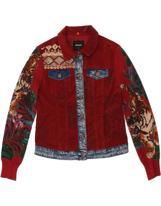 DESIGUAL Womens Crop Graphic Corduroy Jacket EU 40 Medium Red Floral