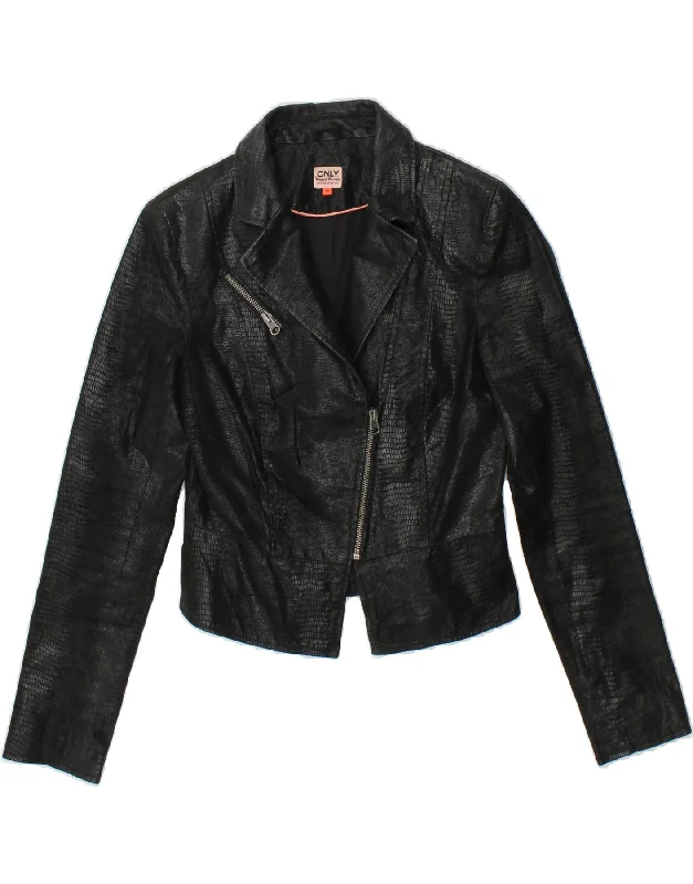 ONLY Womens Crop Leather Jacket EU 36 Small Black Animal Print Leather