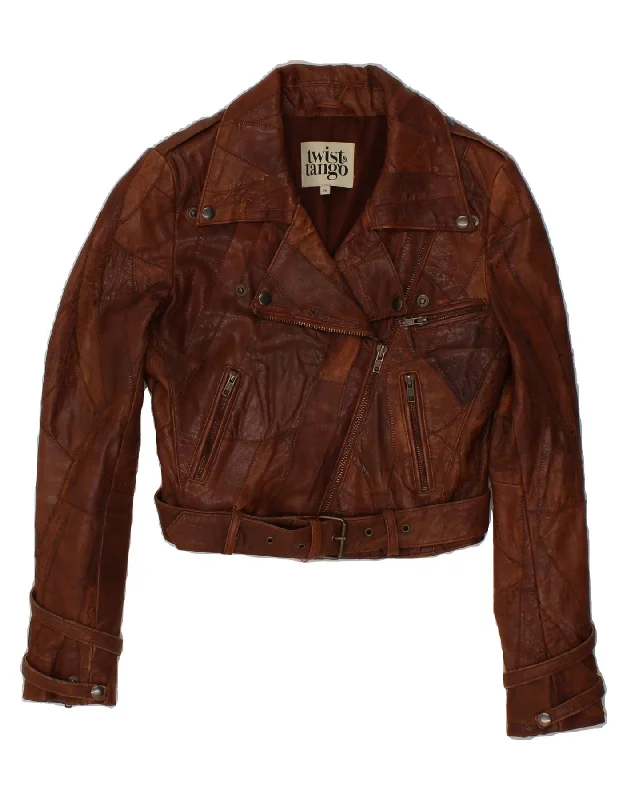 VINTAGE Womens Crop Biker Jacket IT 36 XS Brown Leather