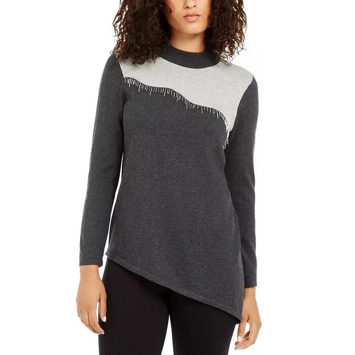 Alfani Women's Asymmetrical Beaded Sweater Dark Gray Size Medium