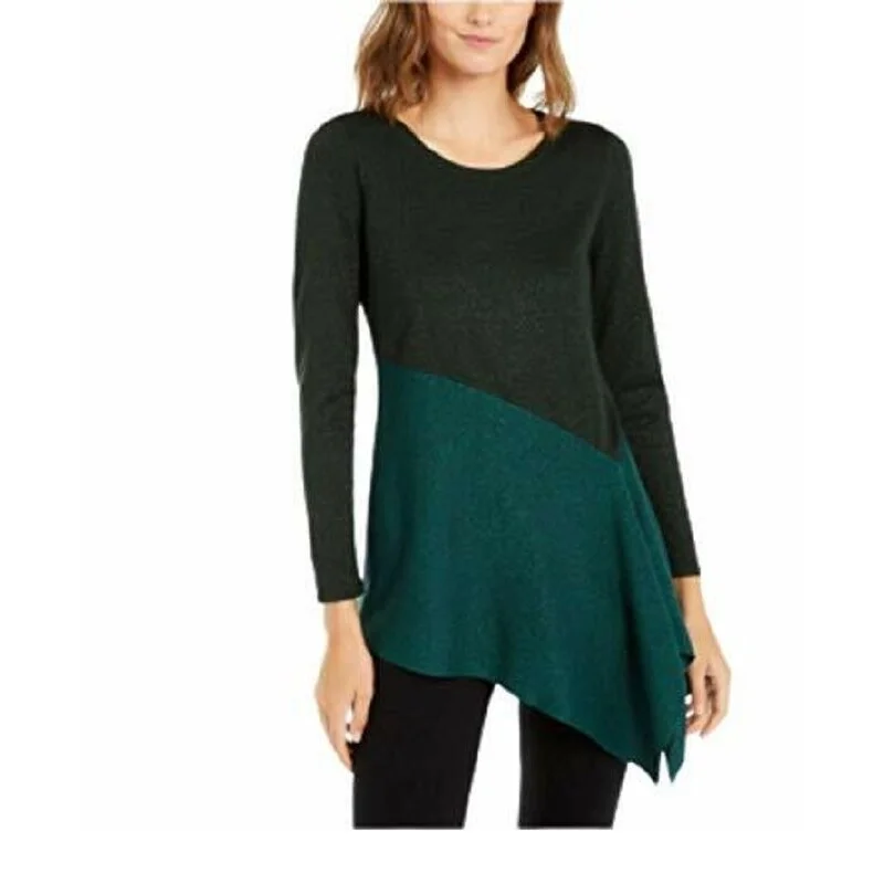 Alfani Women's Asymmetrical Colorblocked Sweater Emerald Pine Size S