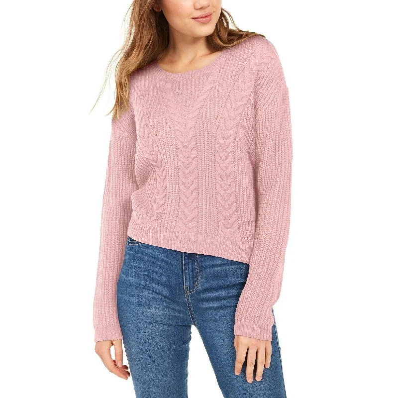 Crave Fame Women's Lace-Up Back Cable Sweater Pink Size Large