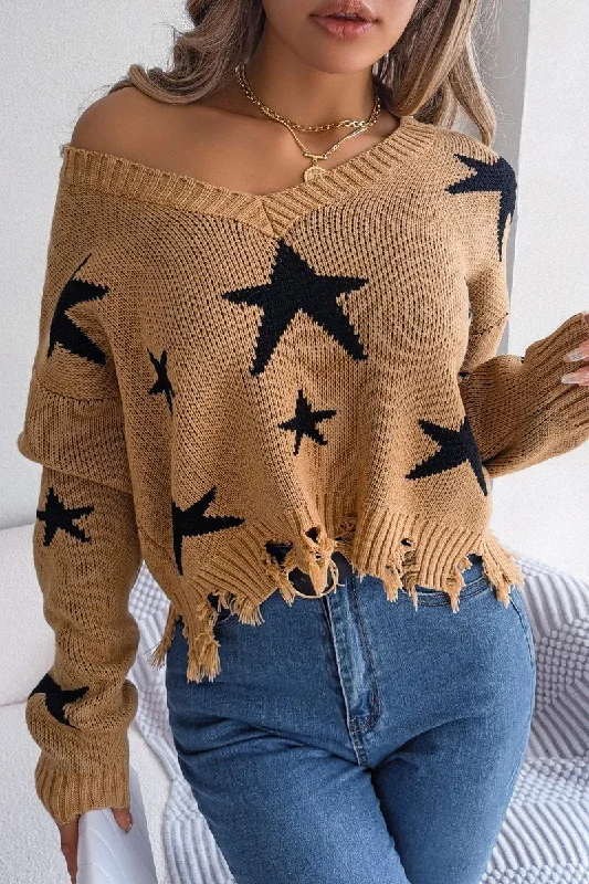 WOMEN STAR PRINTING DISTRESSED HEM KNIT SWEATER