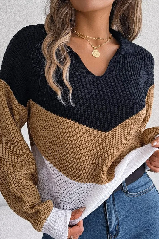 WOMEN COLOR BLOCK COLLARED KNIT CASUAL SWEATER