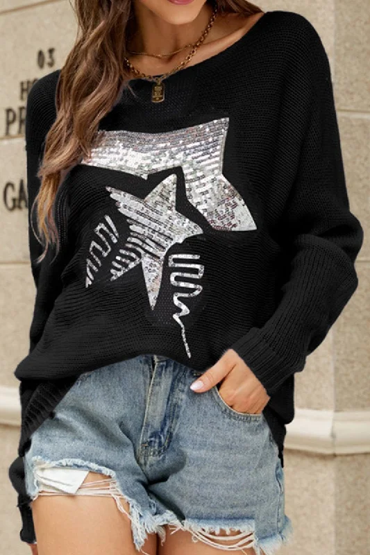 WOMEN LOOSE FIT STAR PRINTING CREW NECK SWEATER