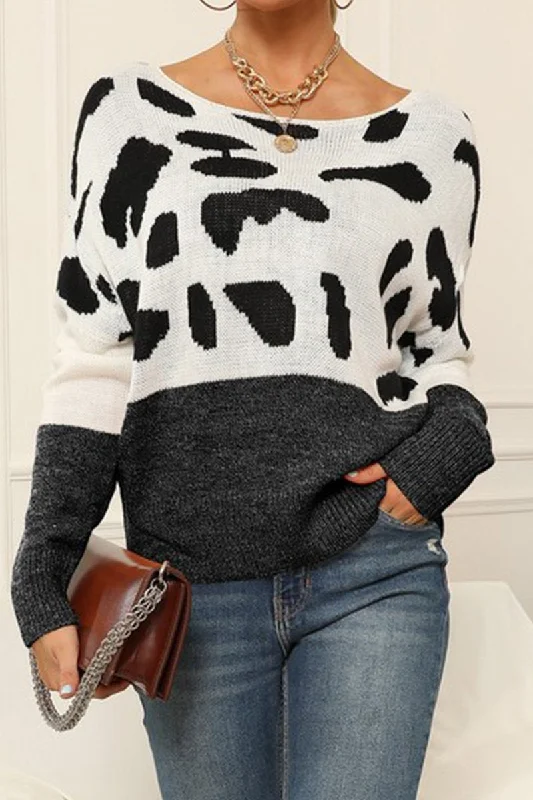 WOMEN LEOPARD ANIMAL PATTERN ROUND NECK SWEATER