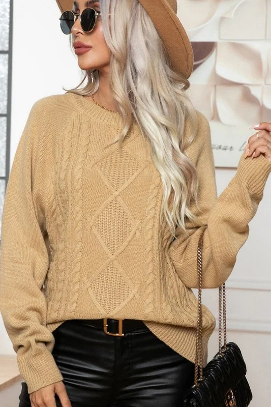 WOMEN CROCHET CABLE KNIT CREW NECK KNIT SWEATER