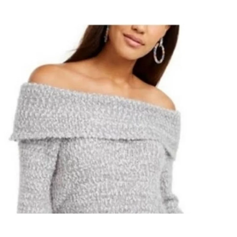 Freshman Juniors' Off-The-Shoulder Fuzzy Sweater Gray Size Small