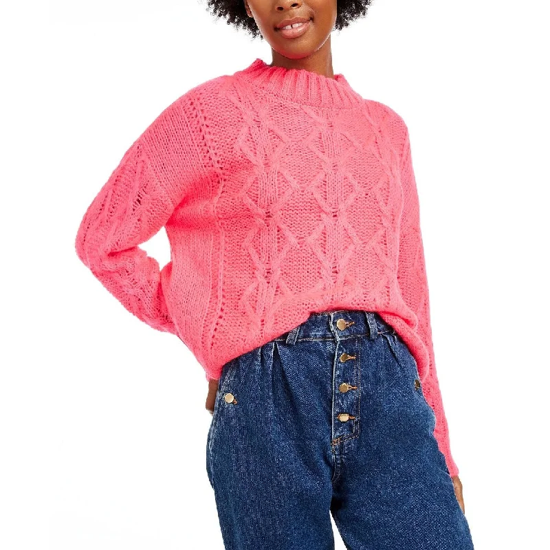 Hooked Up By Iot Junior's Cable Knit Sweater Bright Pink Size X-Small