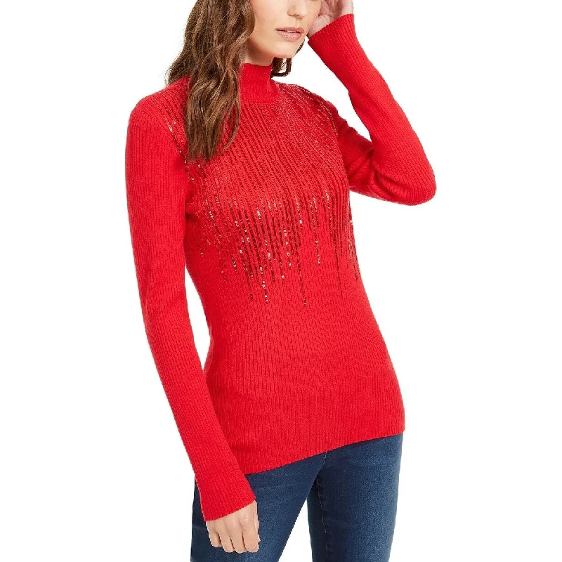 INC International Concepts Women's Mock-Neck Drip Sequin Sweater Red Size M - Medium