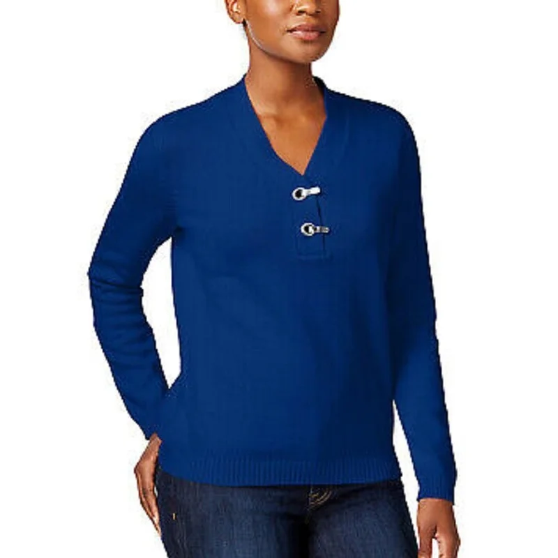 Karen Scott Women's Cotton Marled Henley Sweater Blue Size Medium