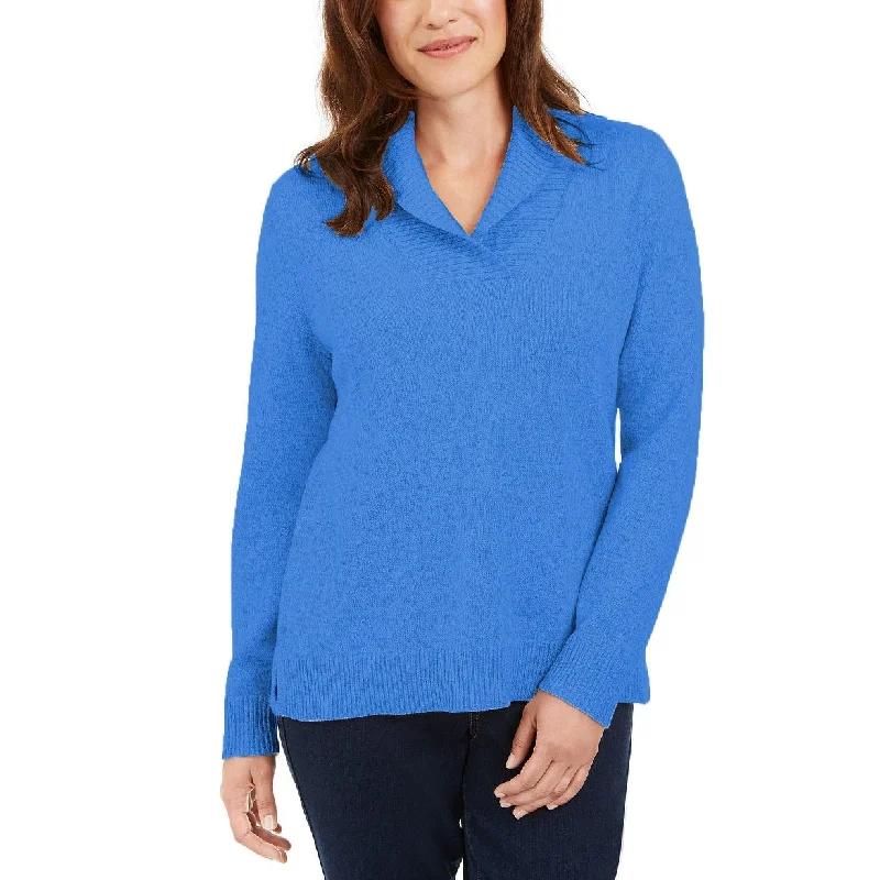 Karen Scott Women's Cotton Marled Shawl-Collar Sweater Blue Size Large