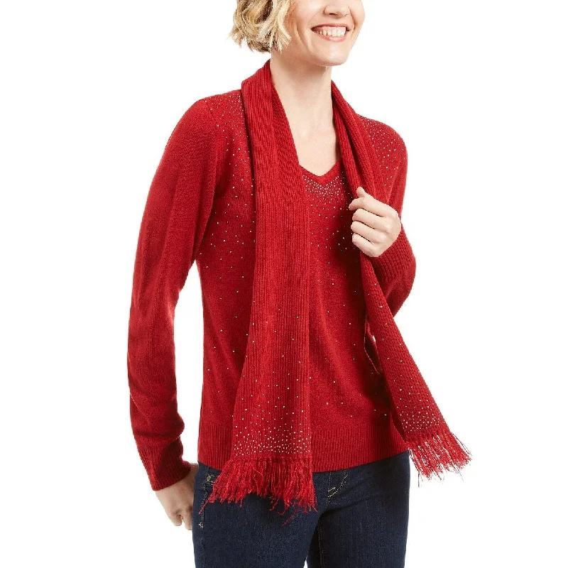 Karen Scott Women's Embellished Scarf Sweater Medium Red Size Large