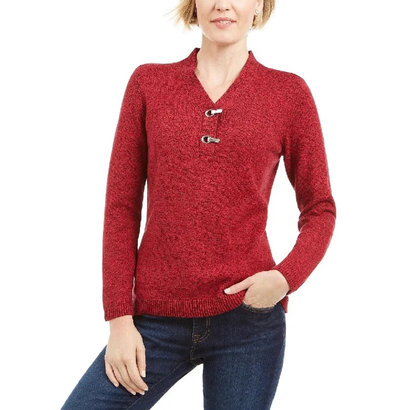 Karen Scott Women's Hardware Trim Cotton Henley Sweater Red Size Petite Small - Petite Small