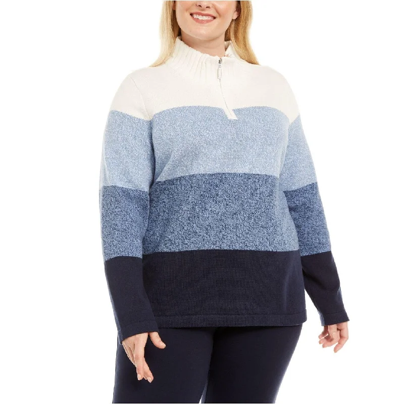 Karen Scott Women's Petite Cotton Half-Zip Striped Sweater Blue Size Petite - PP