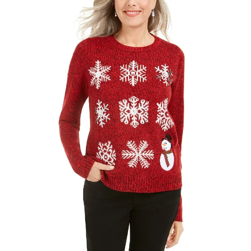 Karen Scott Women's Sequined Snowflake Sweater Bright Red Size Large