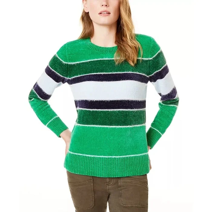 Maison Jules Women's Striped Metallic Chenille Sweater Bright Green Size Small