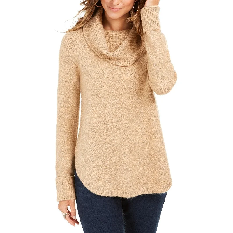 Style & Co Women's Cowl-Neck Waffle-Knit Sweater Beige Size Large