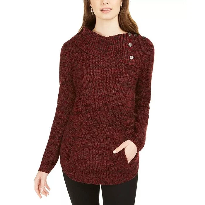 Style & Co Women's Envelope Neck Kangaroo Pocket Knit Sweater Dark Red Size Small