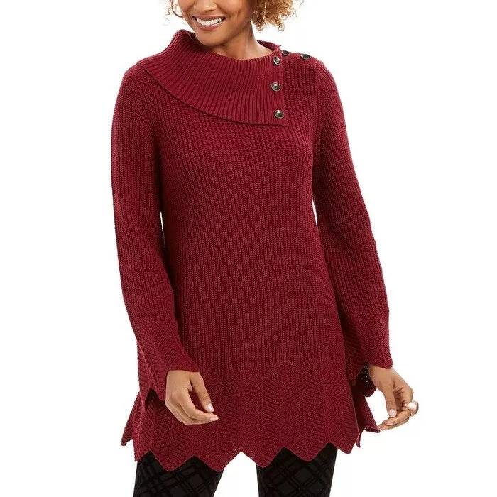 Style & Co Women's Scalloped-Hem Ribbed Sweater Dark Red Size X-Small