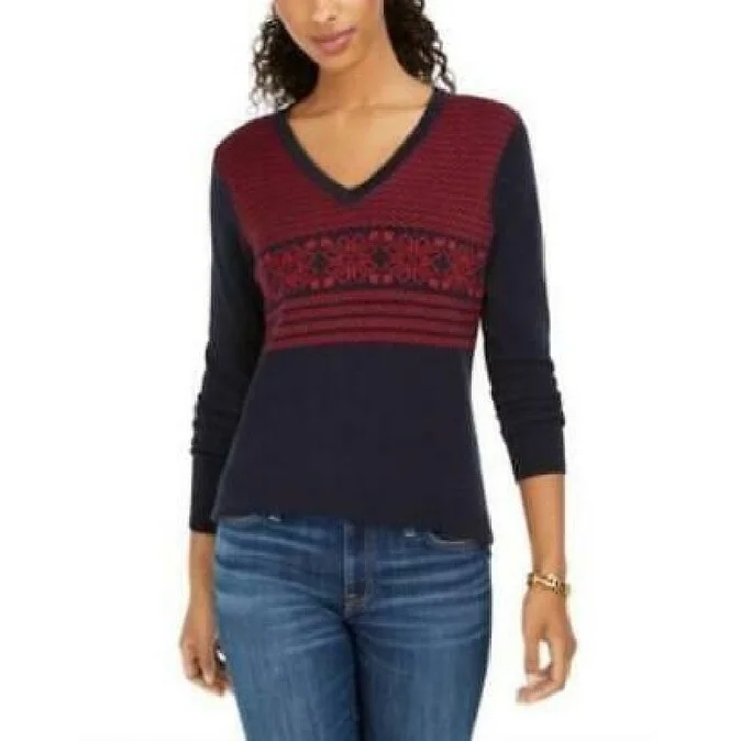 Tommy Hilfiger Women's Fair Isle Ivy Cotton Sweater Blue Size Large