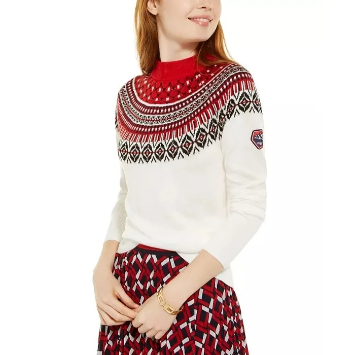 Tommy Hilfiger Women's Fair Isle Mock-Neck Ski Sweater White Size X-Large