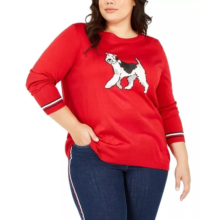 Tommy Hilfiger Women's Plus Knit Dog Graphic Sweater Medium Red Size 1X