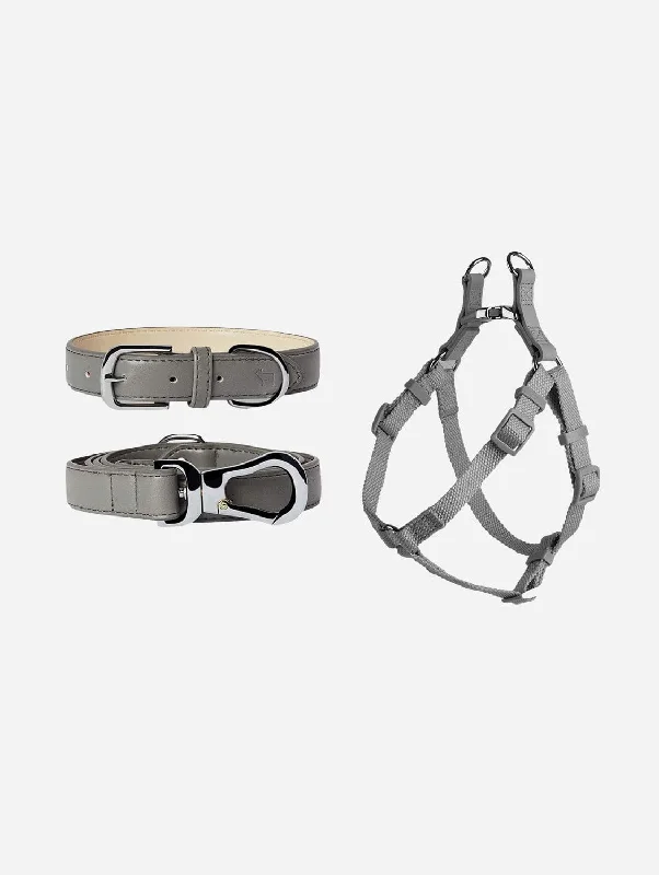 City Vegan Leather & Nylon Dog Collar, Harness & Lead Set | Ash Grey