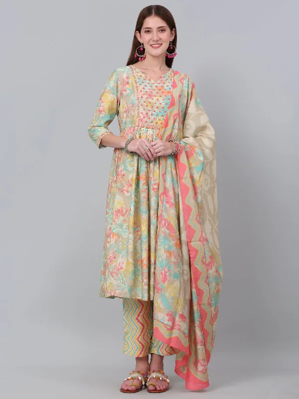 Women's Multi Floral Print Kurti Plazzo Dupatta Set