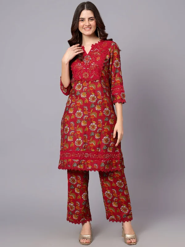 Women's Pink Floral Printed Casual Kurta Plazzo Set