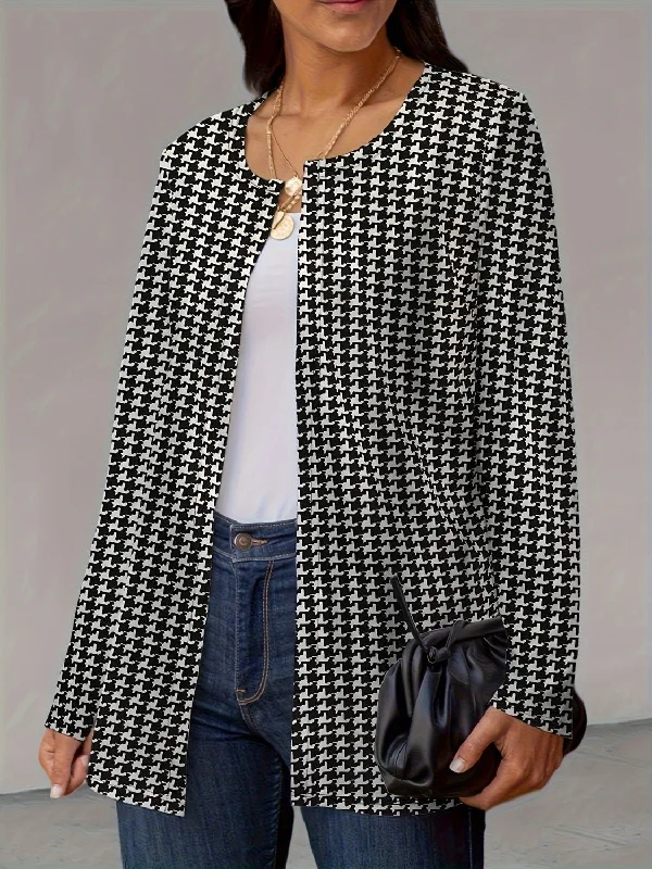 Houndstooth Open Front Long Sleeve Jacket