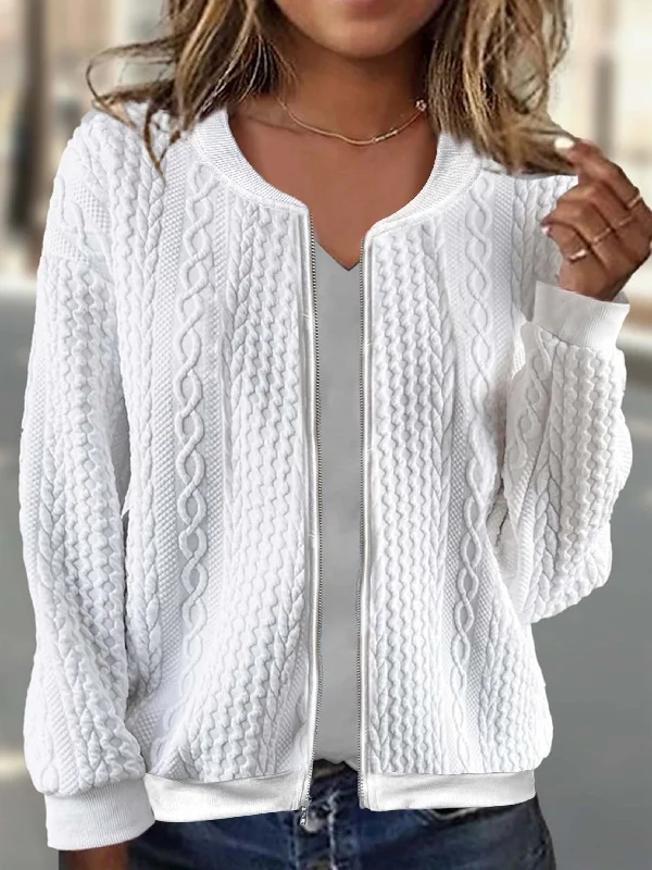 Long Sleeve White Knit Zip-Up