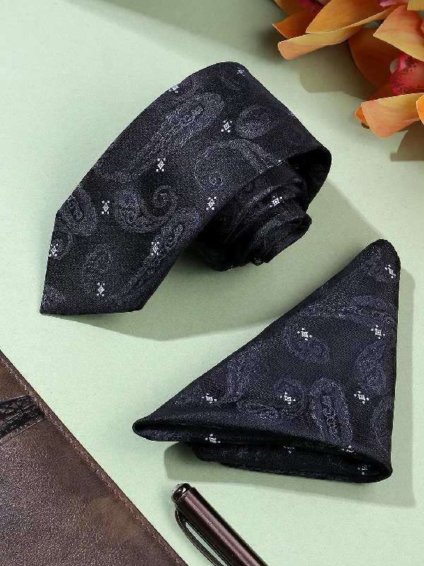 Men's Black Self Design Tie With Pocket Square Set