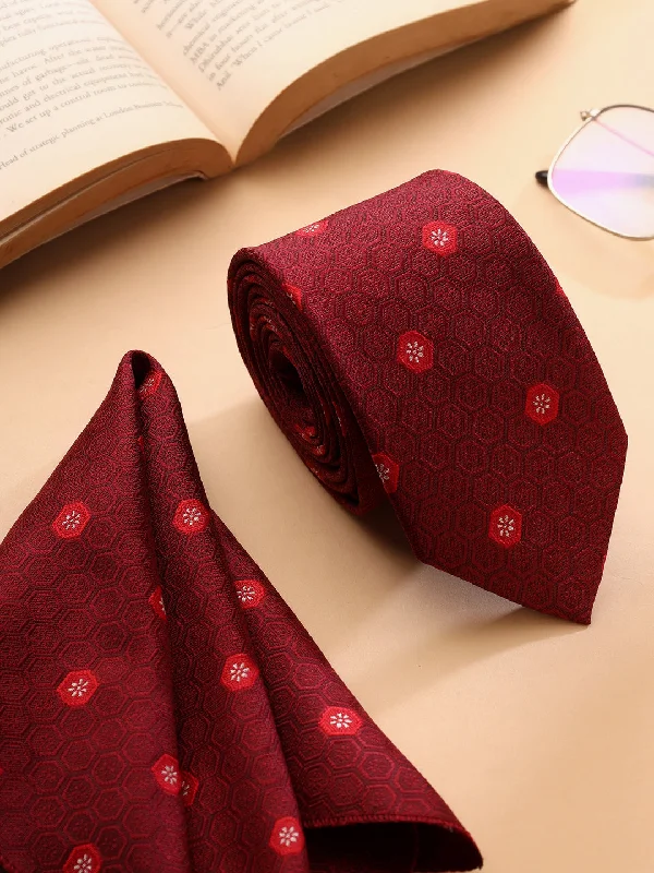 Men's Maroon Printed Tie With Pocket Square Set