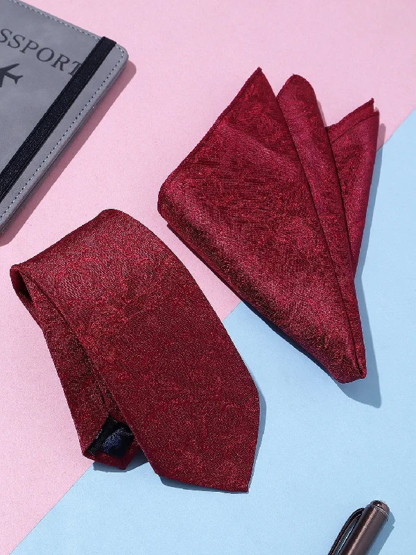 Men's Wine Printed Tie With Pocket Square Set