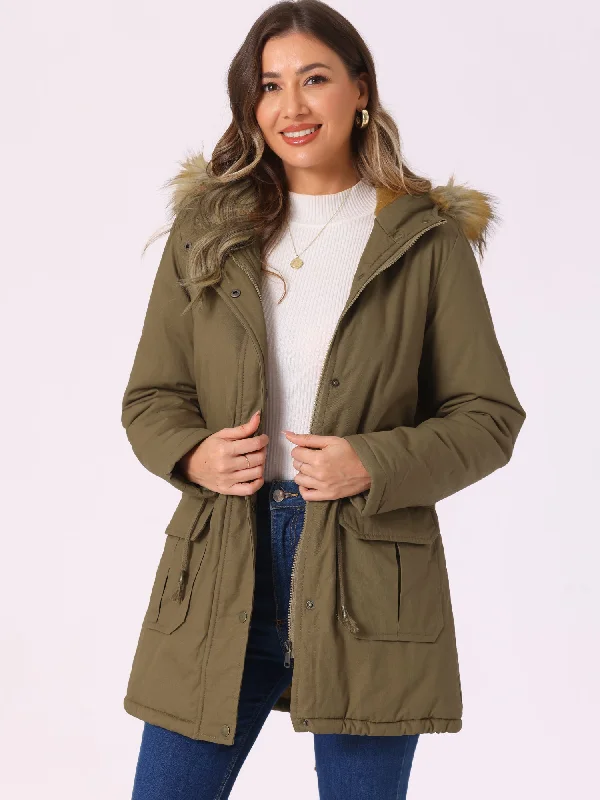 Long Sleeves Windproof Faux Fur Hooded Parka Jacket