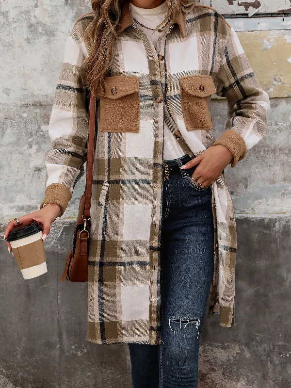 Brushed Long Sleeves Plaid Shacket Shirt Jacket