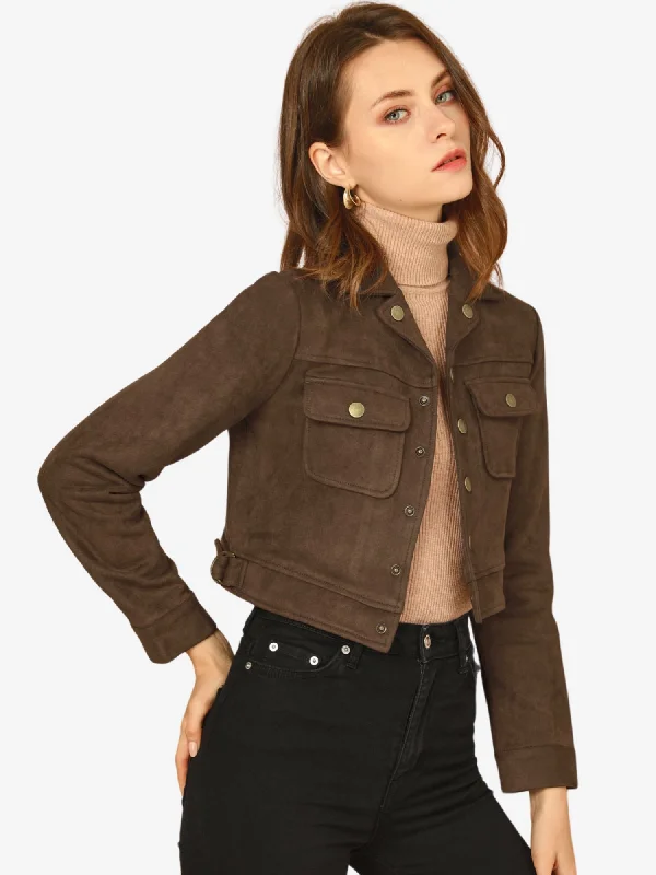 Faux Suede Jacket Button Down Collar Pockets Crop Moto Biker Coat