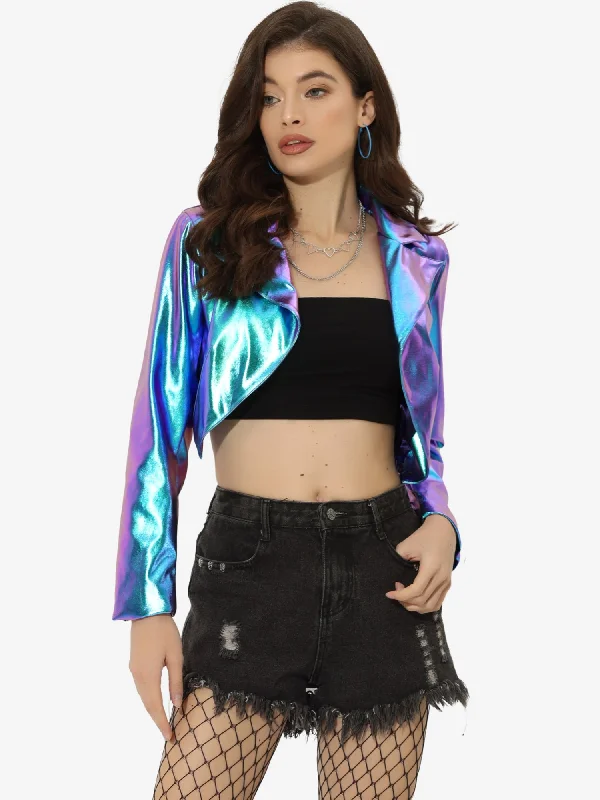 Holographic Long Sleeve Lapel Crop Shiny Party Metallic Jacket