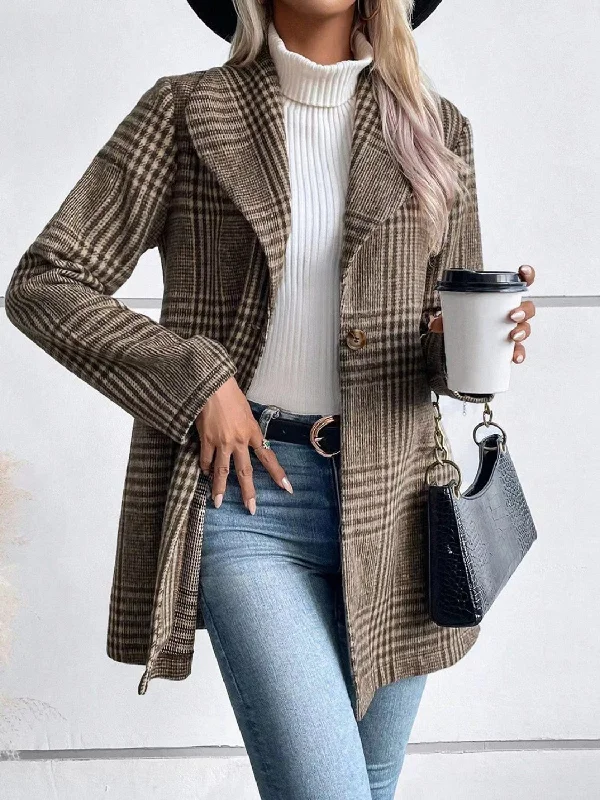 Plaid Collared Neck Long Sleeve Jacket